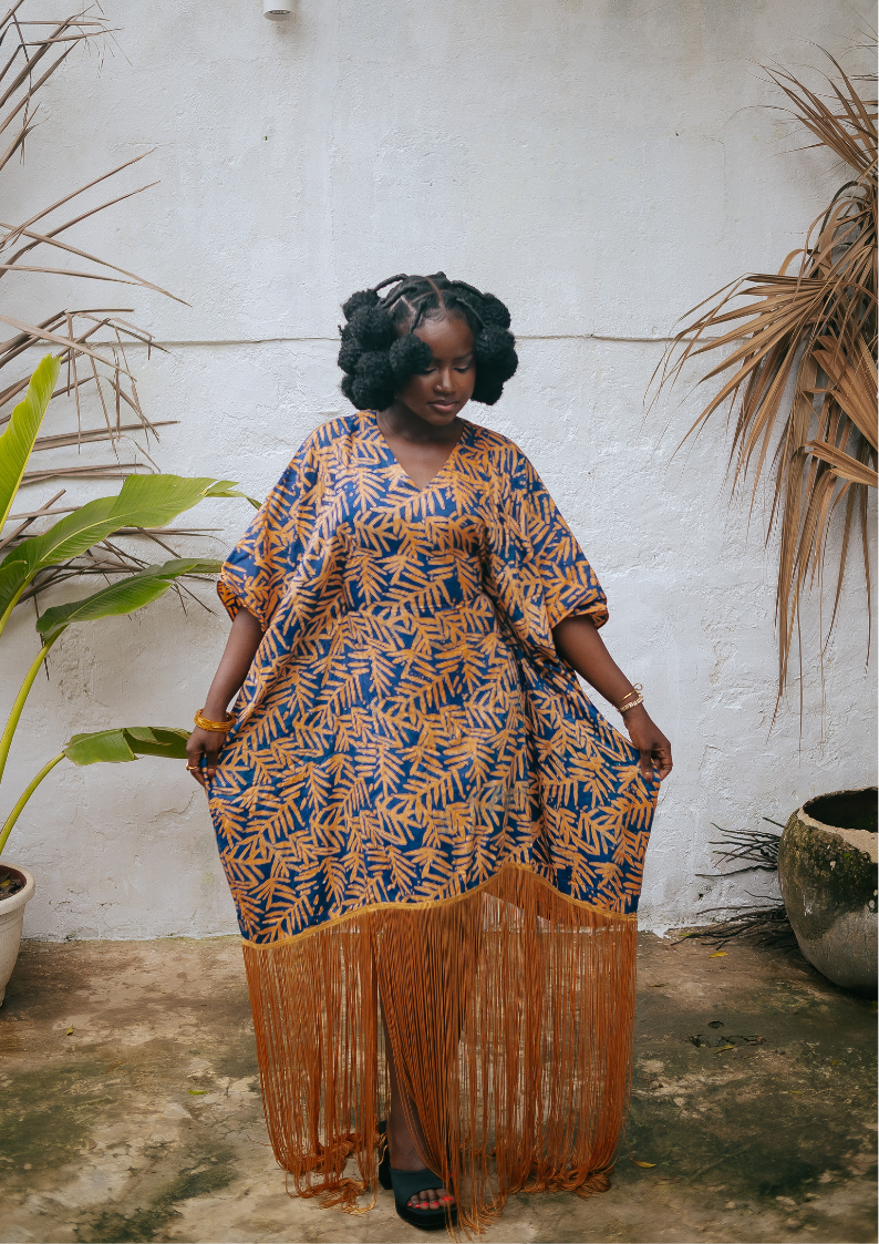 Palm Orange Blue Fringe Kaftan Dress (Pre-Order)