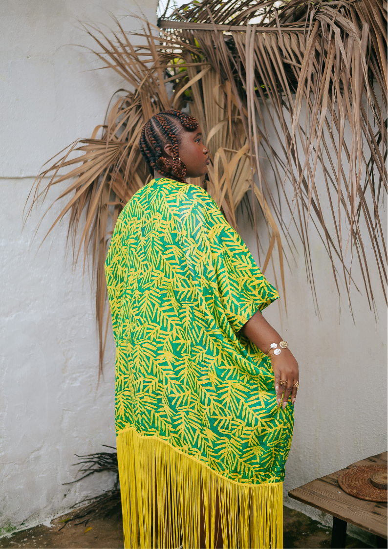 Palm Green Yellow Fringe Kaftan Dress (Pre-Order)