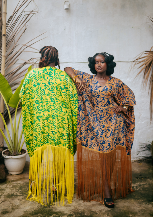 Palm Orange Blue Fringe Kaftan Dress