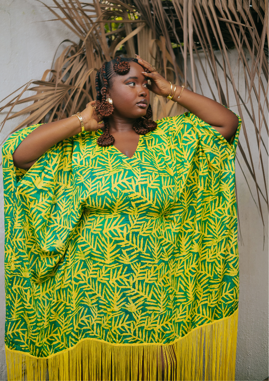 Palm Green Yellow Fringe Kaftan Dress