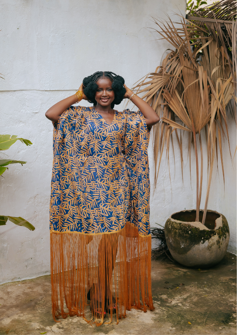 Palm Orange Blue Fringe Kaftan Dress (Pre-Order)