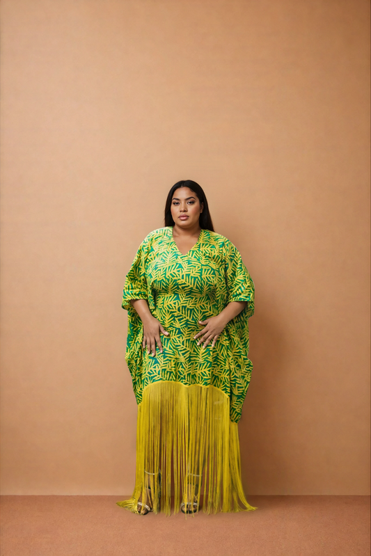 Palm Green Yellow Fringe Kaftan Dress