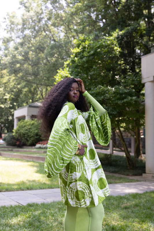 Mafarki Green Àdìrẹ Hand Dyed Kimono